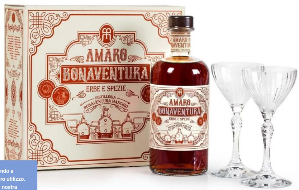 cofanetto amaro bonaventura erbe e spezie + 2 bicchieri .